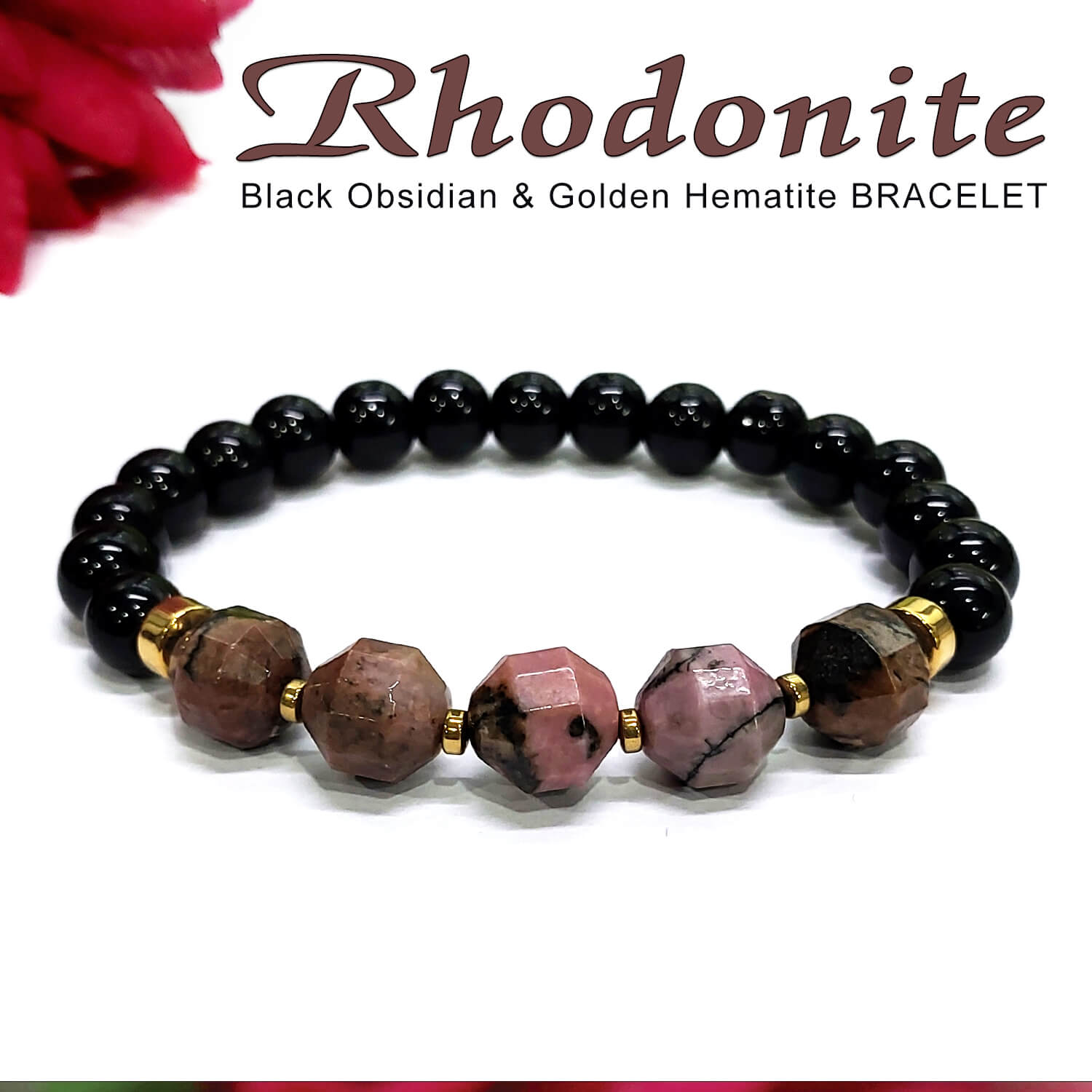 Buy Natural Rhodonite Bracelet Crystal Stone 8mm Faceted Bead Bracelet for  Reiki Healing and Crystal Healing Stone (Color : Multi) | Globally