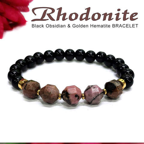 Diamond Cut Rhodonite With Black Obsidian And Golden Hematite Bracelet