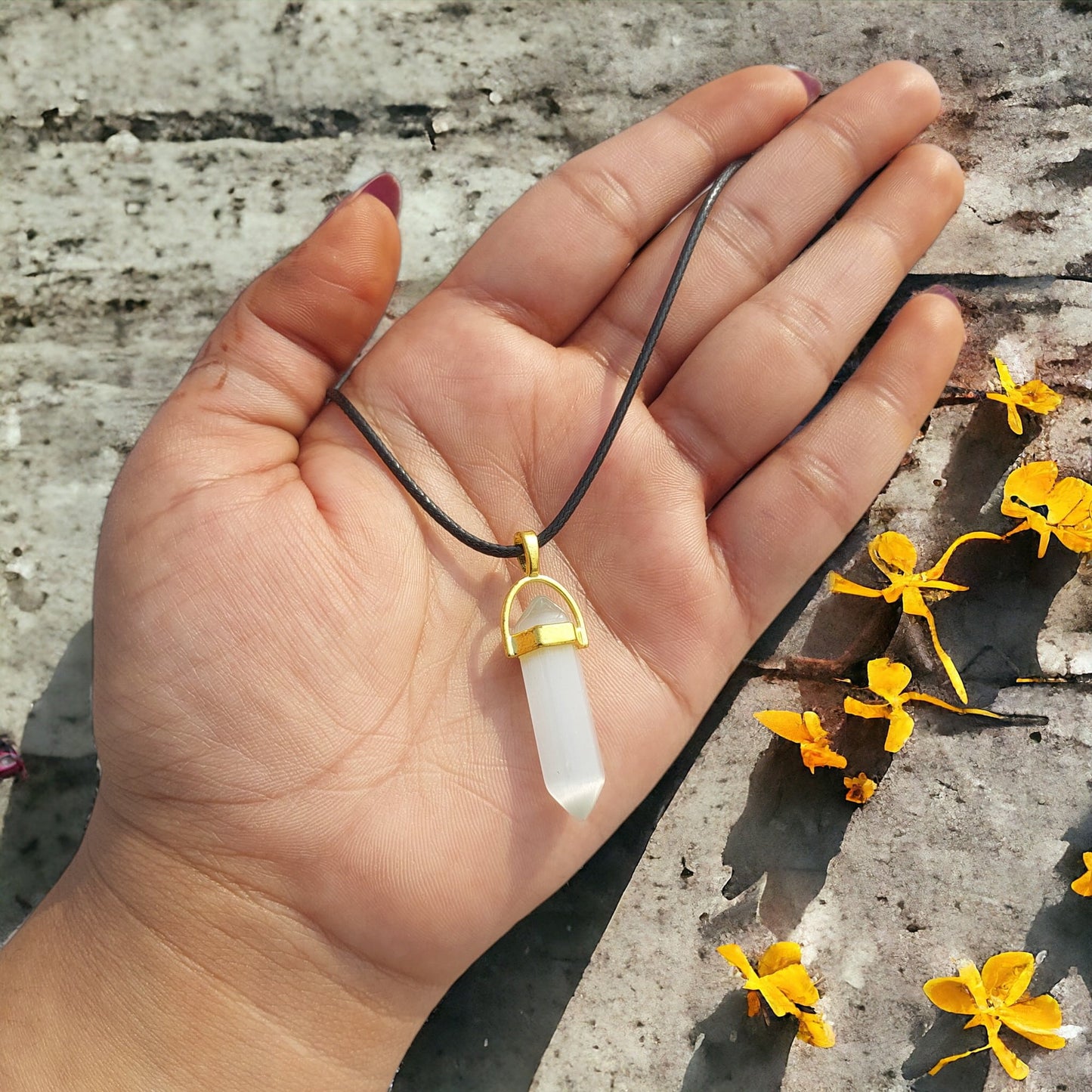 Pencil Shape Stone Pendants With 17 Inches Leatherite Adjustable Chain