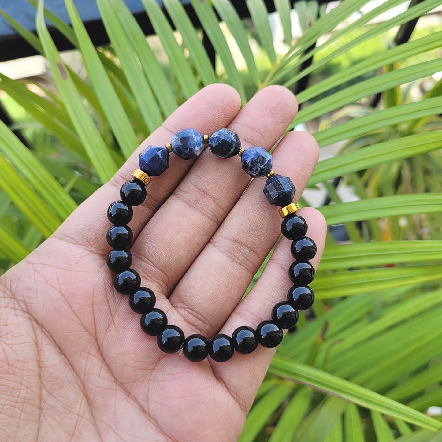 Diamond Cut Sodalite With Black Obsidian And Golden Hematite Bracelet