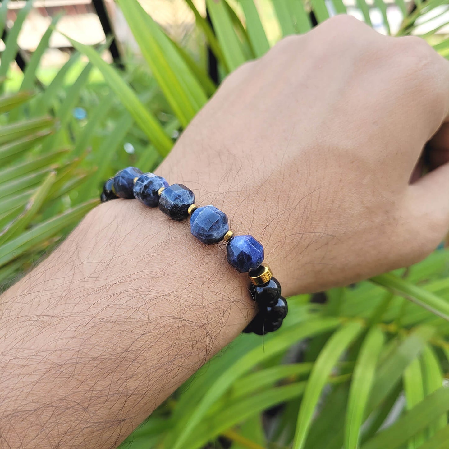 Diamond Cut Sodalite With Black Obsidian And Golden Hematite Bracelet