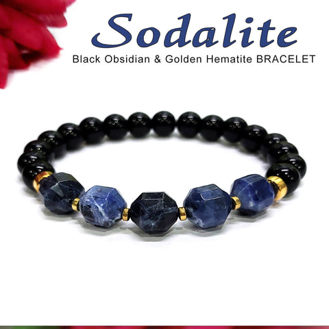 Diamond Cut Sodalite With Black Obsidian And Golden Hematite Bracelet