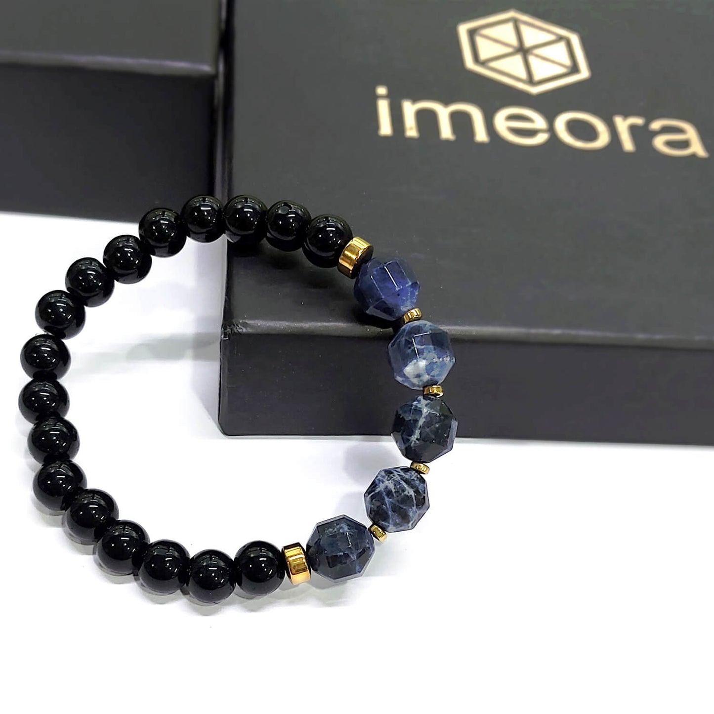 Diamond Cut Sodalite With Black Obsidian And Golden Hematite Bracelet