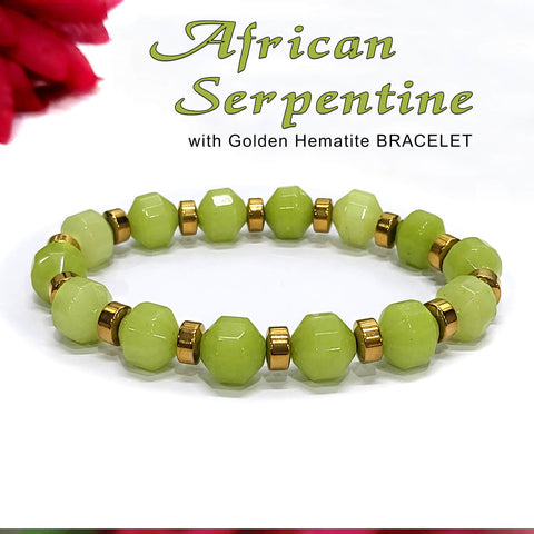 Diamond Cut African Serpentine With Golden Hematite Natural Stone Bracelet