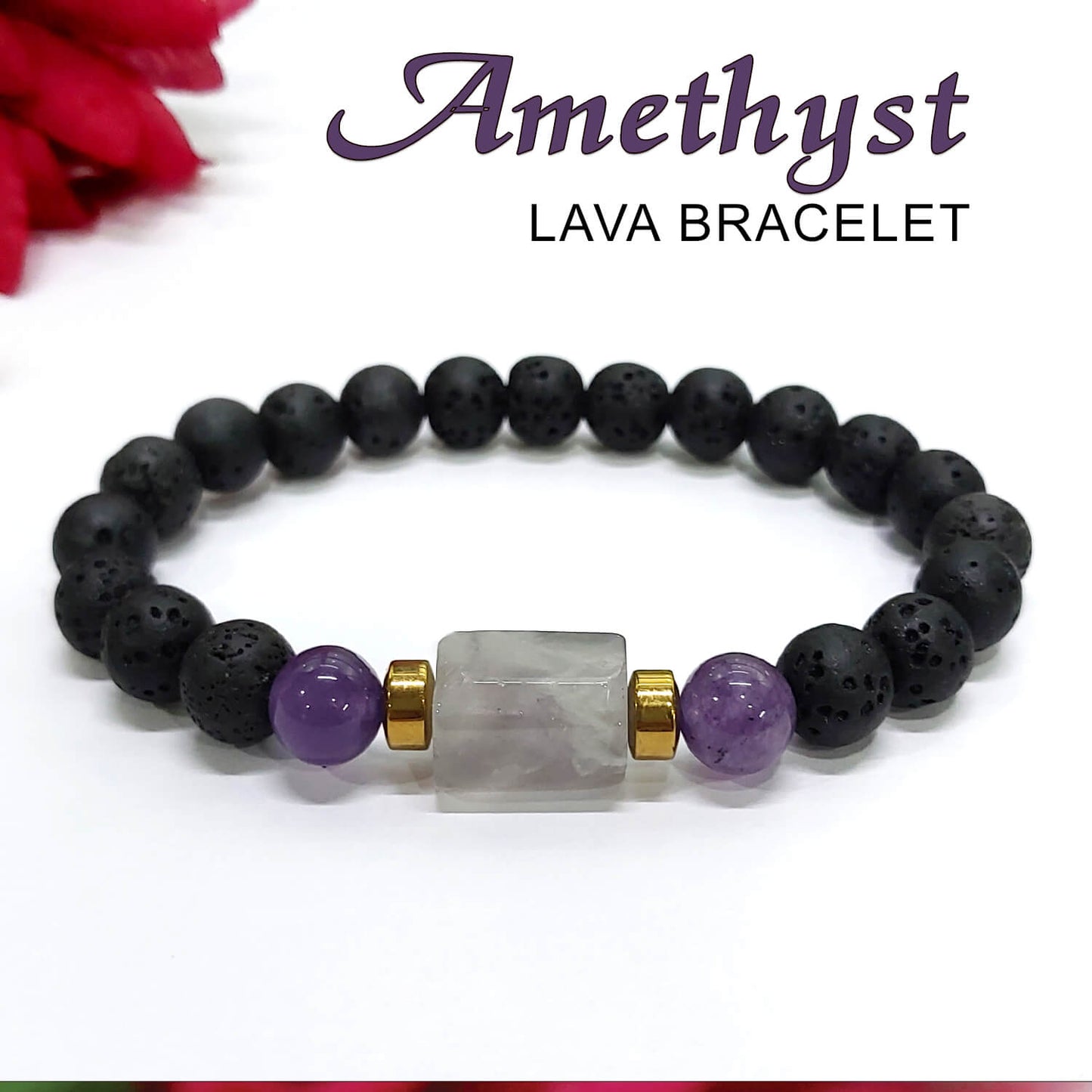 Amethyst Matte Tumble Bracelet With Lava Stone And Golden Hematite