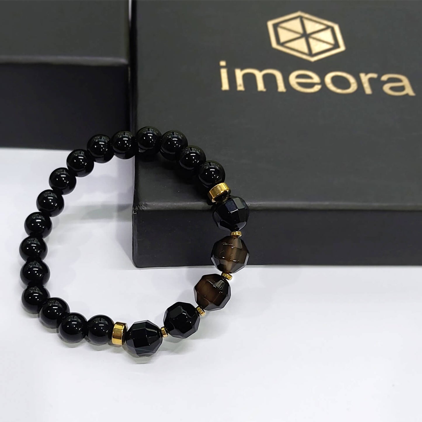 Diamond Cut Black Onyx With Golden Hematite Natural Stone Bracelet