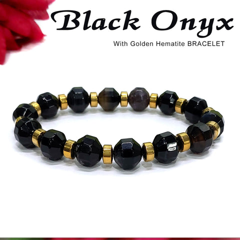 Diamond Cut Black Onyx With Golden Hematite Natural Stone Bracelet