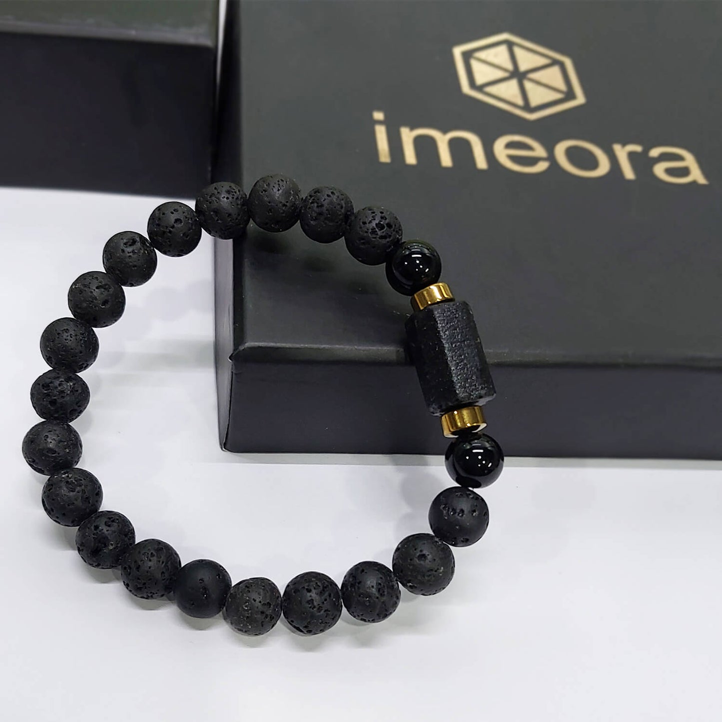 Black Tourmaline Matte Tumble Bracelet With Lava Stone And Golden Hematite