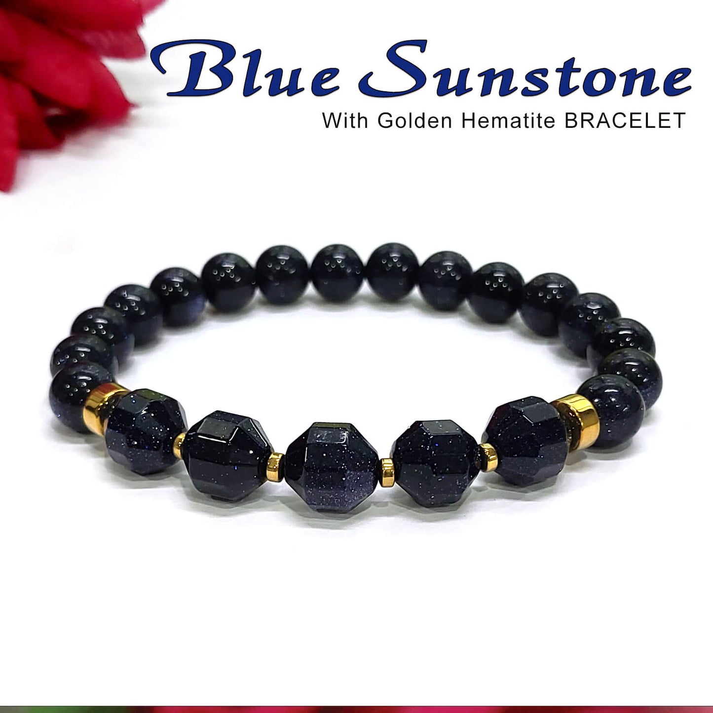 Diamond Cut Blue Sunstone With Golden Hematite Natural Stone Bracelet