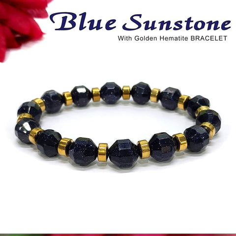Diamond Cut Blue Sunstone With Golden Hematite Natural Stone Bracelet