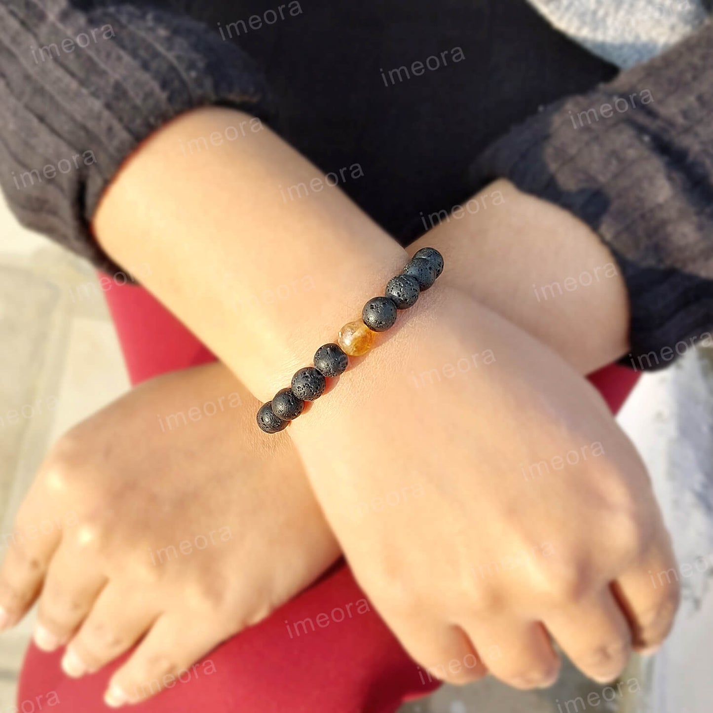 Certified Lava Natural Stone 8mm Bracelet With Citrine