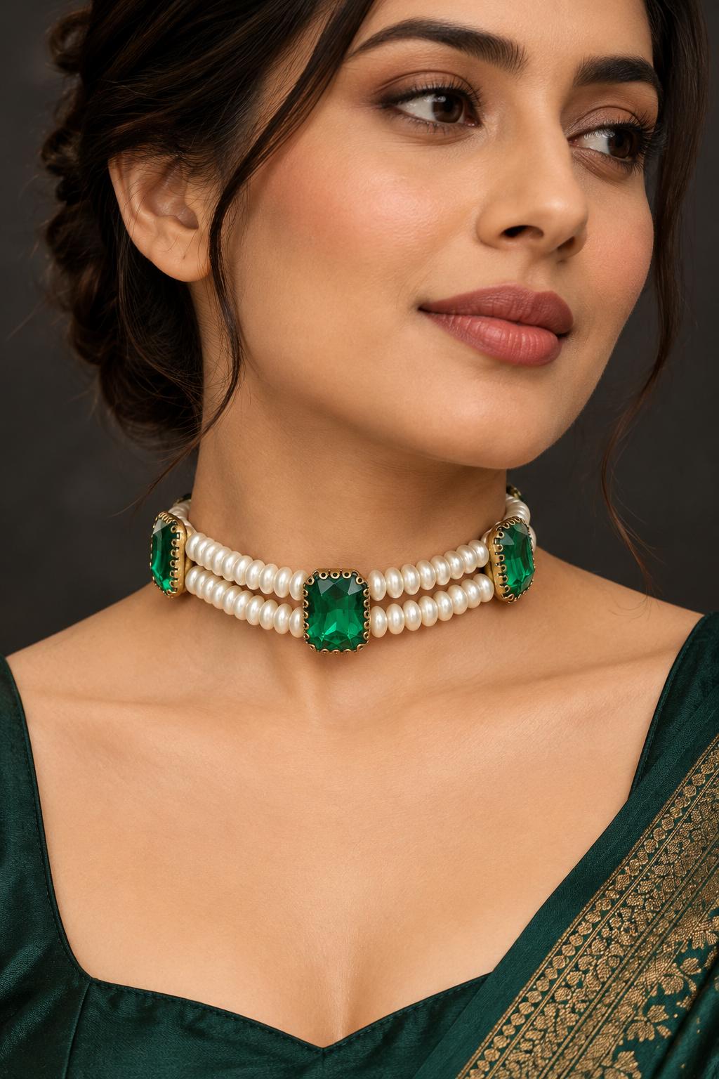 Emerald Empress Triple-Stone Pearl Choker