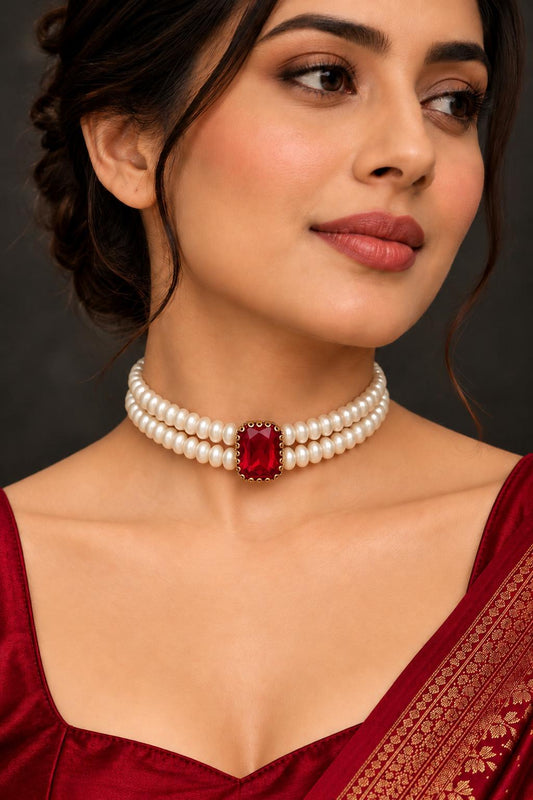Ruby Solitaire Double-Strand Pearl Choker