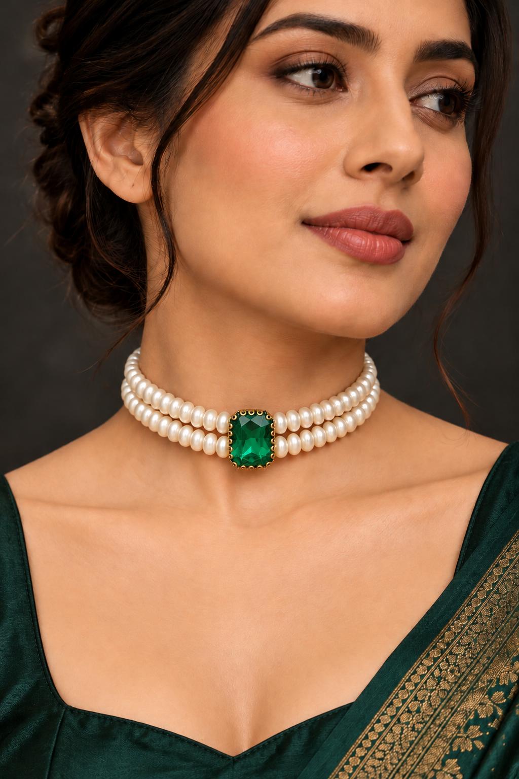 Emerald Solitaire Double-Strand Pearl Choker