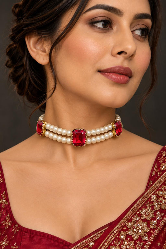 Ruby Radiance Triple-Stone Pearl Choker