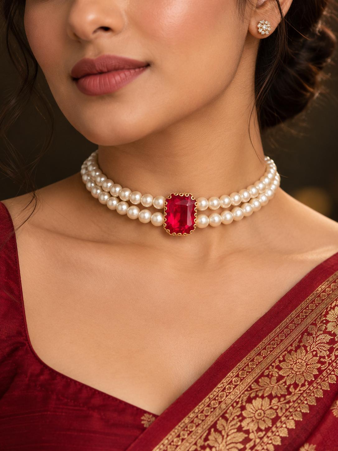 Ruby Elegance Double-Layer Pearl Choker