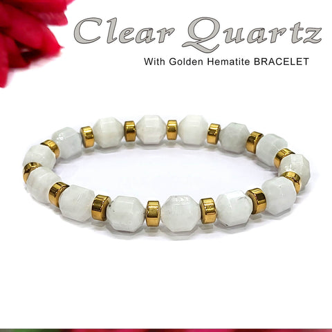 Diamond Cut Clear Quartz With Golden Hematite Natural Stone Bracelet