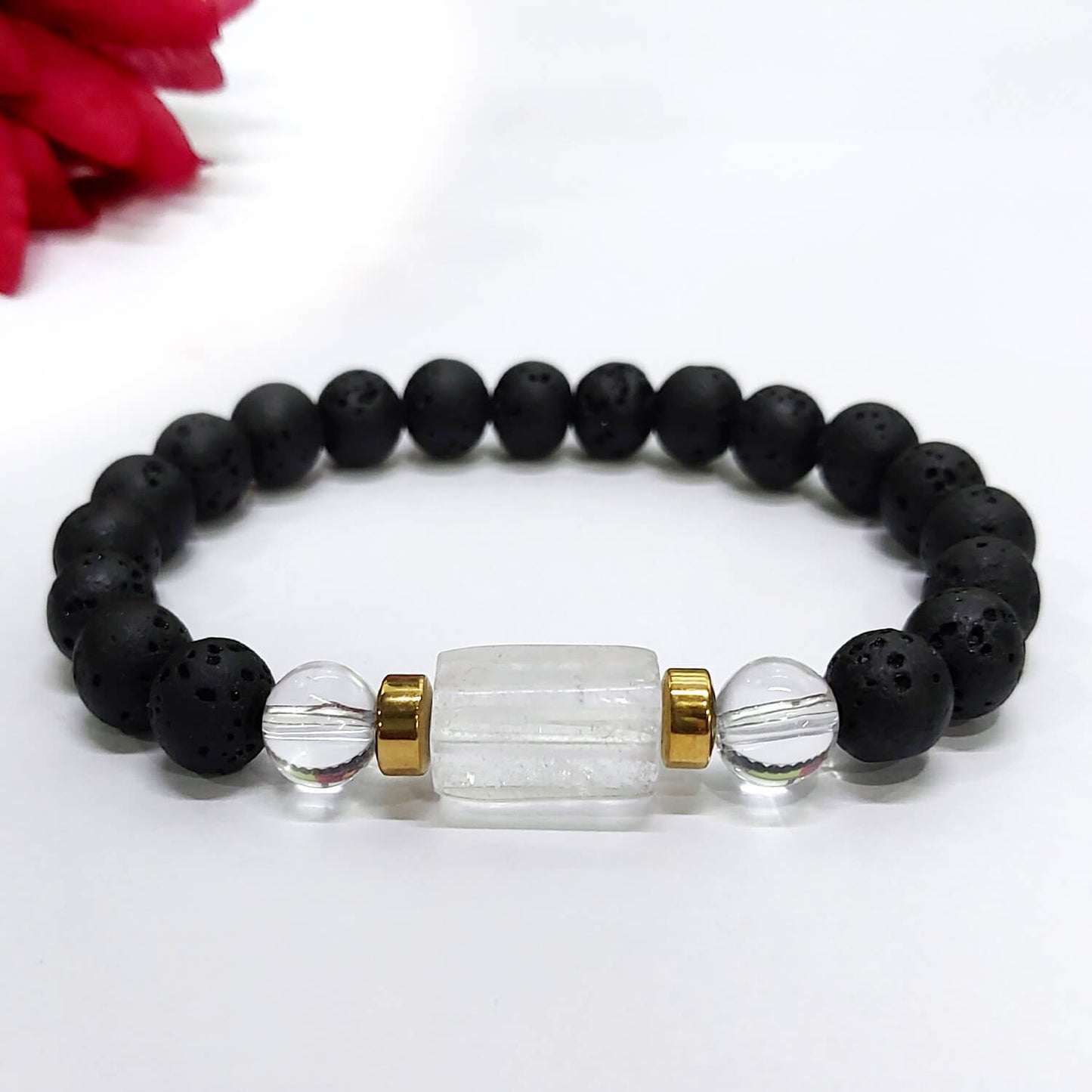 Clear Quartz Tumble Bracelet With Lava Stone And Golden Hematite