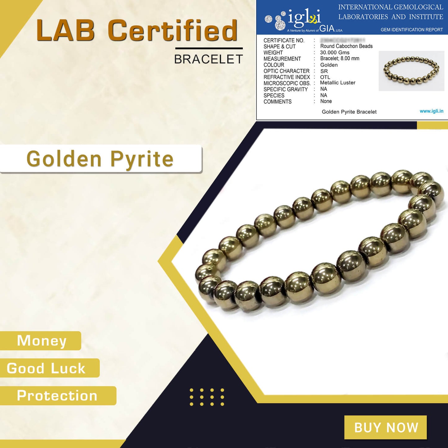 Certified Golden Pyrite 8mm Natural stone Bracelet