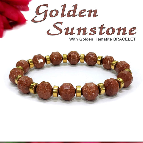 Diamond Cut Golden Sunstone With Golden Hematite Natural Stone Bracelet