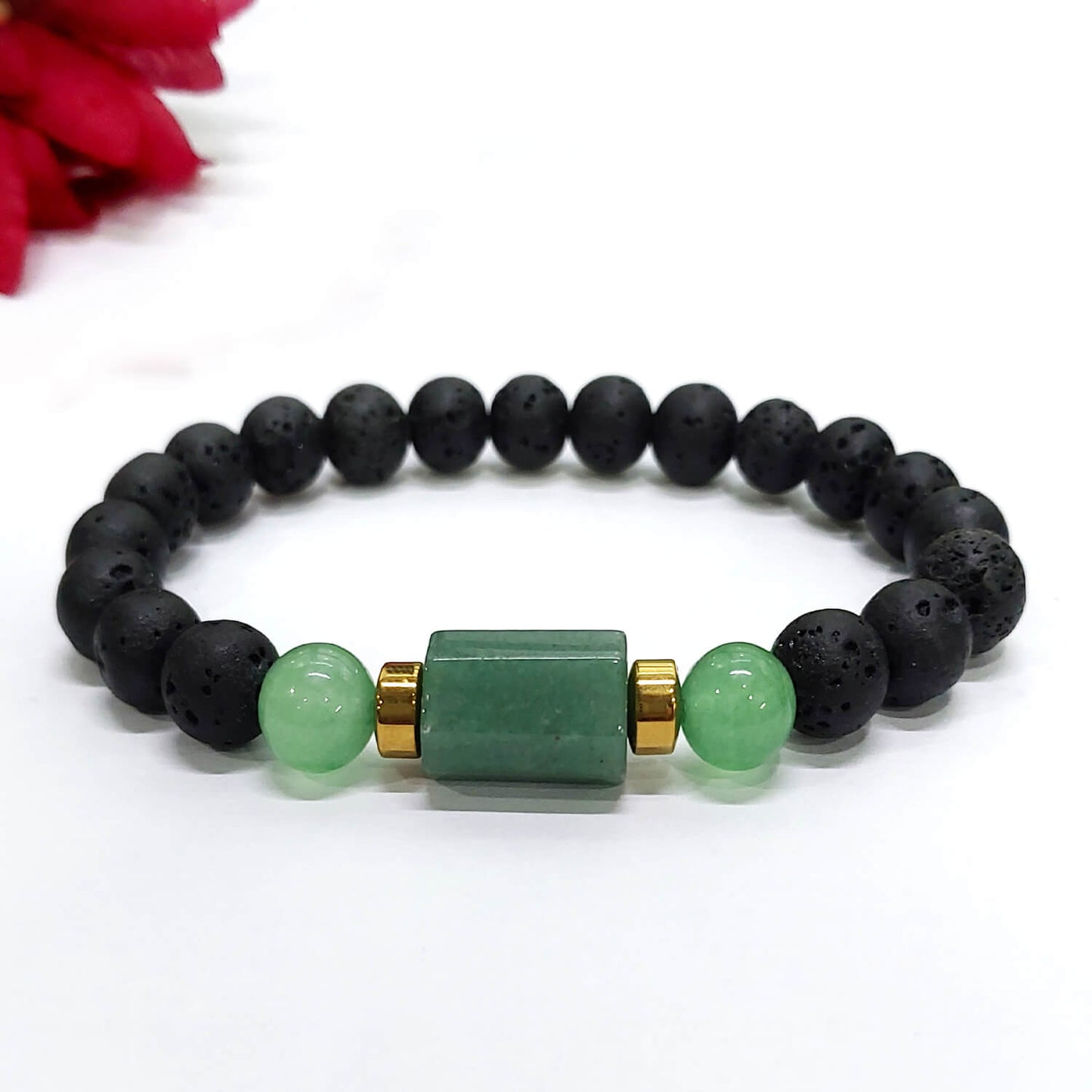 Green Aventurine Tumble Bracelet With Lava Stone And Golden Hematite