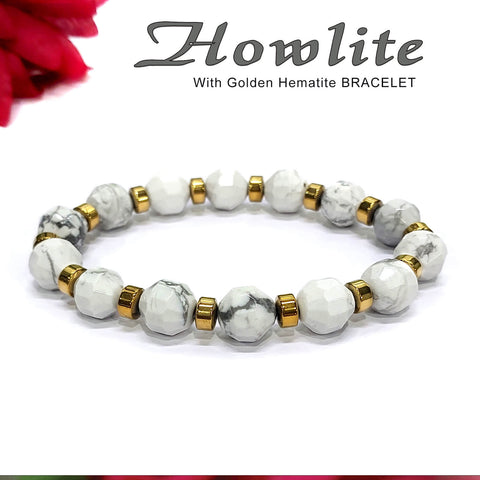 Diamond Cut Howlite With Golden Hematite Natural Stone Bracelet