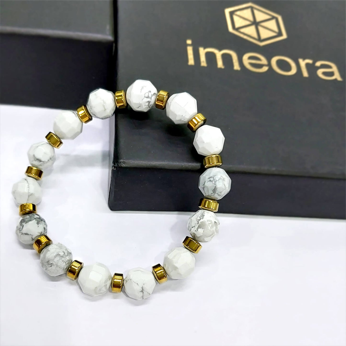 Diamond Cut Howlite With Golden Hematite Natural Stone Bracelet