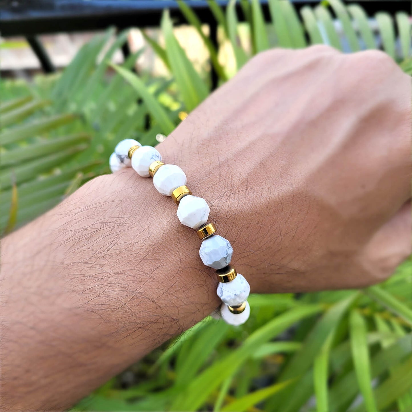 Diamond Cut Howlite With Golden Hematite Natural Stone Bracelet