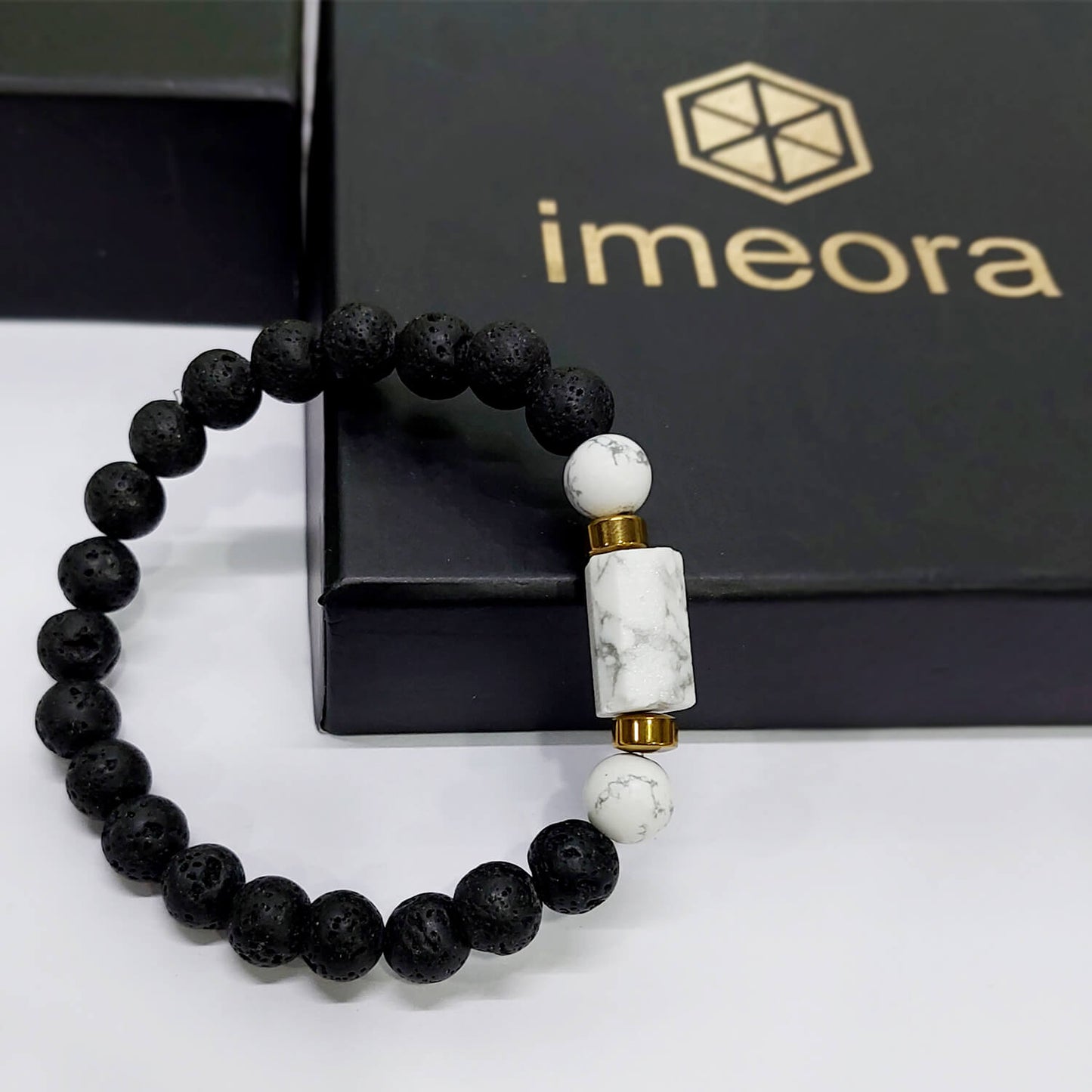 Howlite Matte Tumble Bracelet With Lava Stone And Golden Hematite