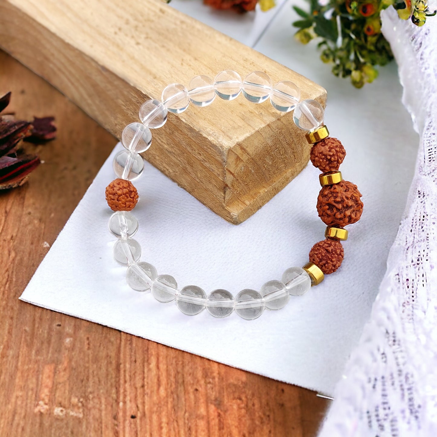 Certified Rudraksha And Clear Quartz Bracelet