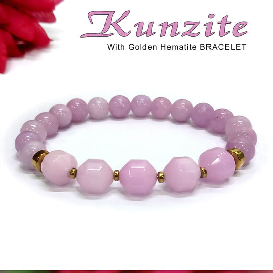 Diamond Cut Kunzite With Golden Hematite Natural Stone Bracelet