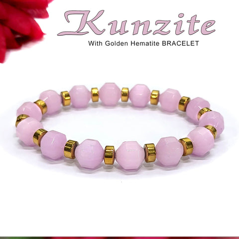 Diamond Cut Kunzite With Golden Hematite Natural Stone Bracelet