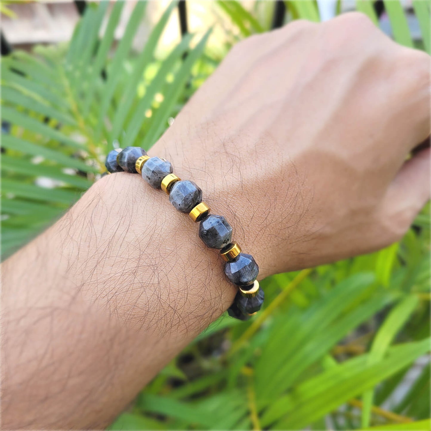 Diamond Cut Larvikite With Golden Hematite Natural Stone Bracelet