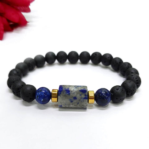Lapis Lazuli Matte Tumble Bracelet With Lava Stone And Golden Hematite