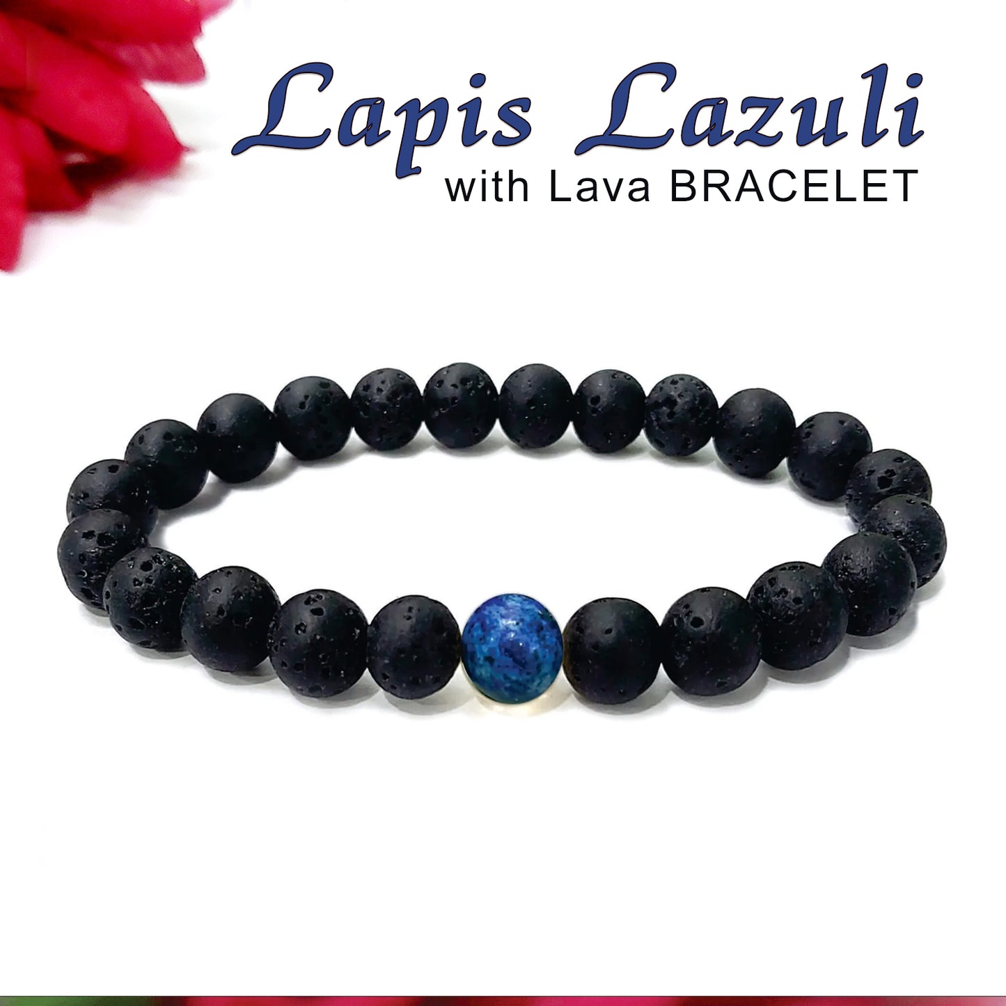 Certified Lava Natural Stone 8mm Bracelet With Lapis Lazuli