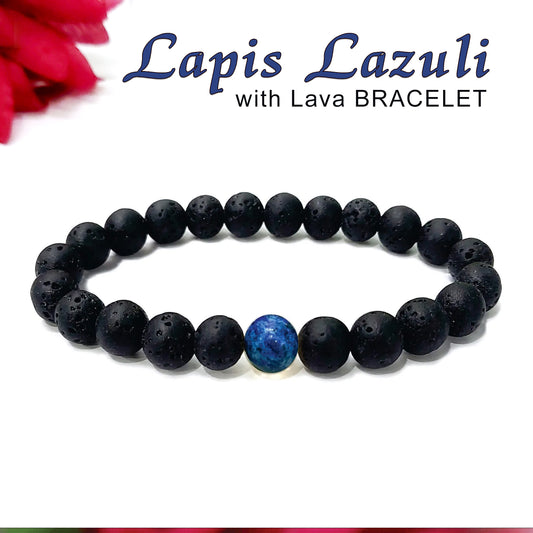 Certified Lava Natural Stone 8mm Bracelet With Lapis Lazuli