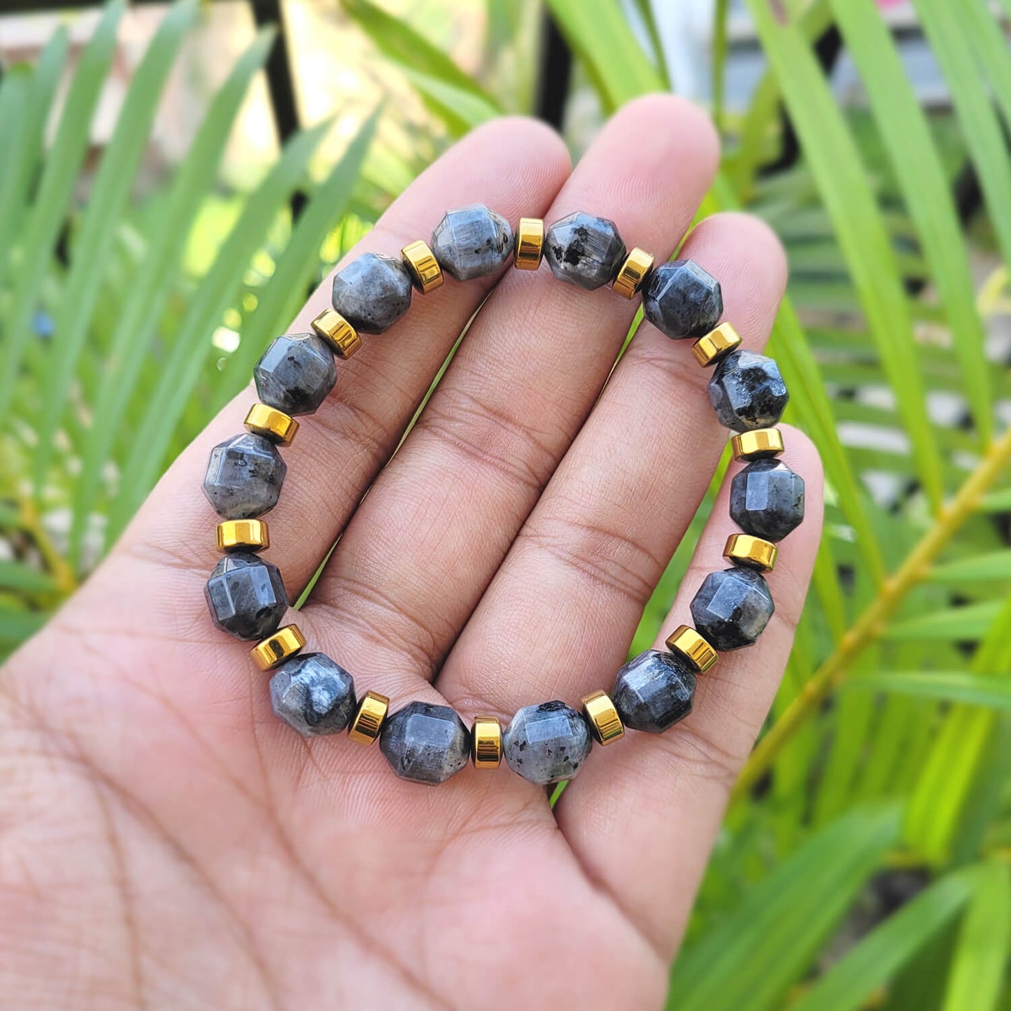 Diamond Cut Larvikite With Golden Hematite Natural Stone Bracelet