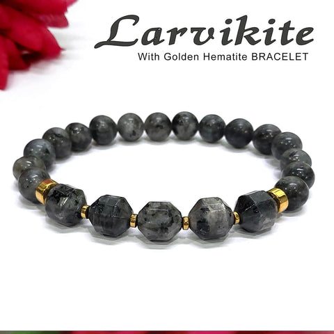 Diamond Cut Larvikite With Golden Hematite Natural Stone Bracelet