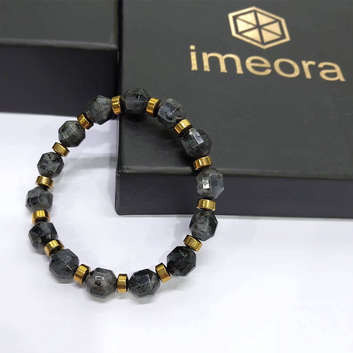 Diamond Cut Larvikite With Golden Hematite Natural Stone Bracelet