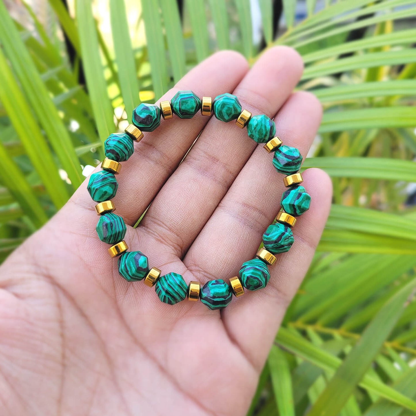 Diamond Cut Malachite Jade With Golden Hematite Natural Stone Bracelet