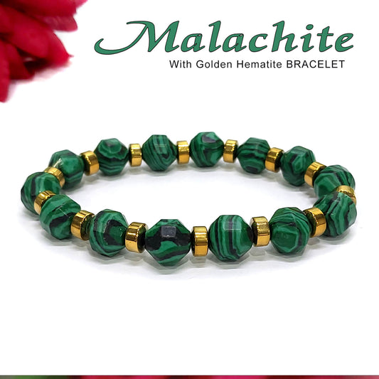 Diamond Cut Malachite Jade With Golden Hematite Natural Stone Bracelet