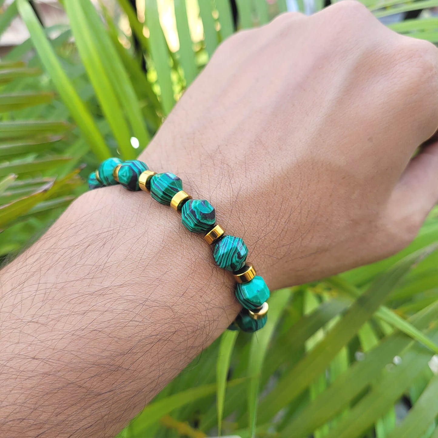 Diamond Cut Malachite Jade With Golden Hematite Natural Stone Bracelet