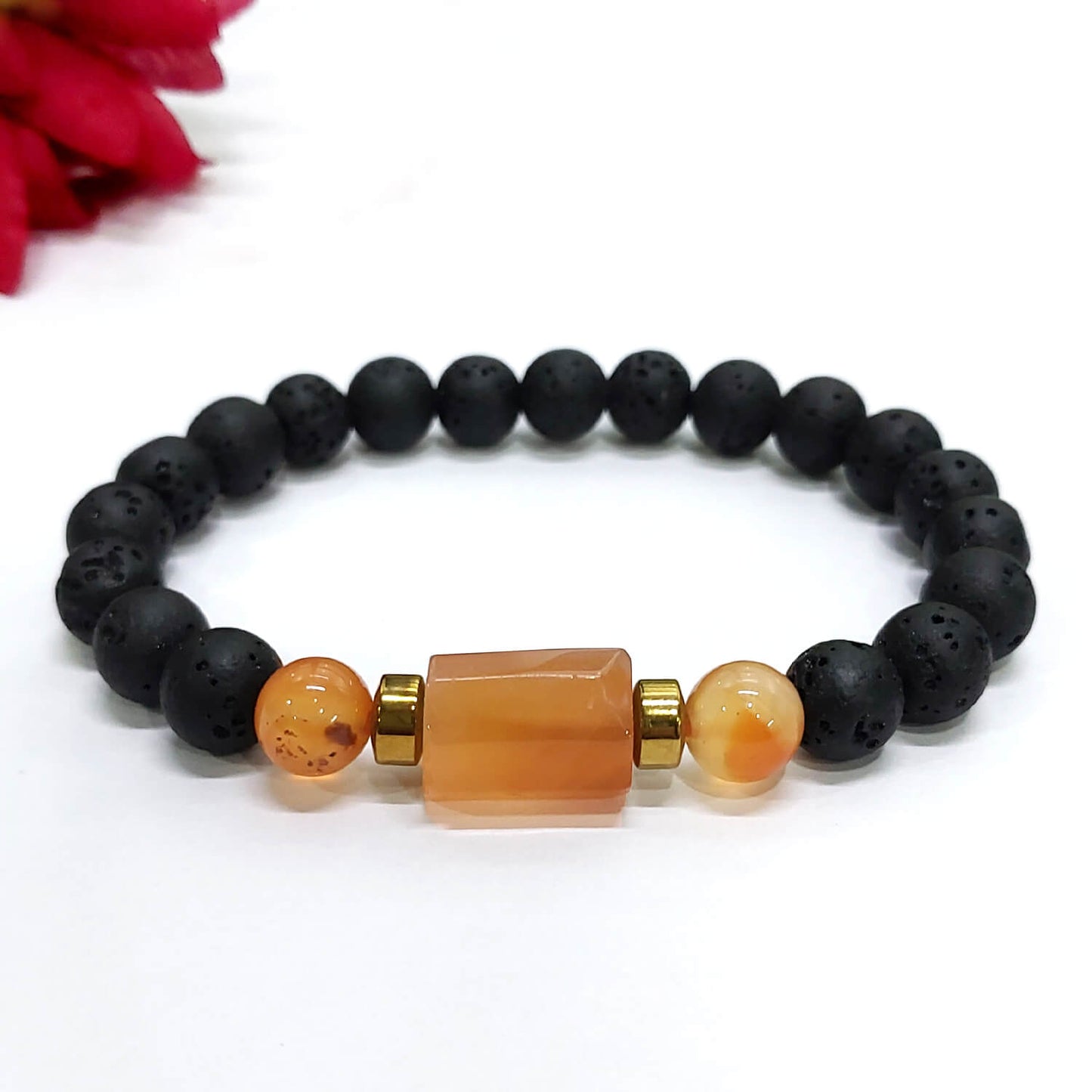 Orange Aventurine Tumble Bracelet With Lava Stone And Golden Hematite