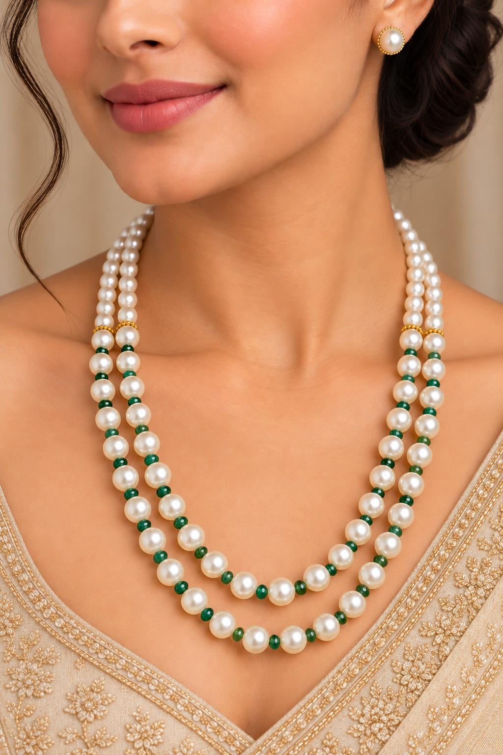 Emerald Dew Double-Layer Pearl Necklace