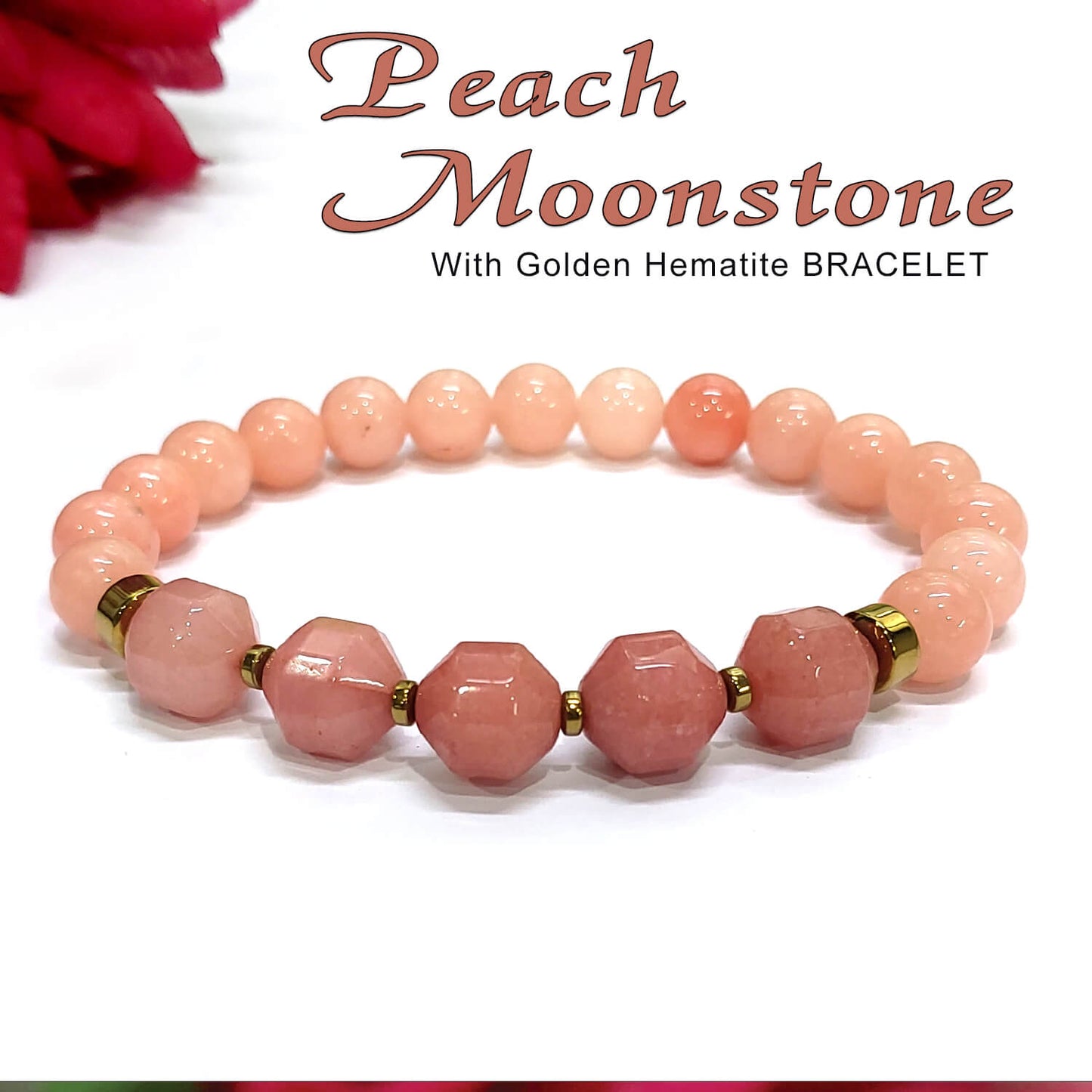 Diamond Cut Peach Moonstone With Golden Hematite Natural Stone Bracelet