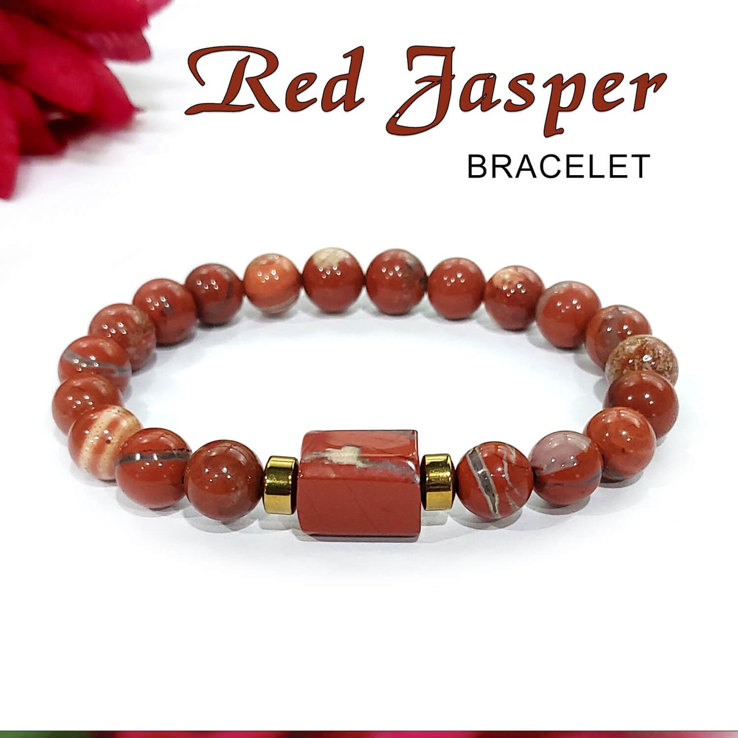 Red Jasper Tumble Natural Stone Bracelet With Golden Hematite