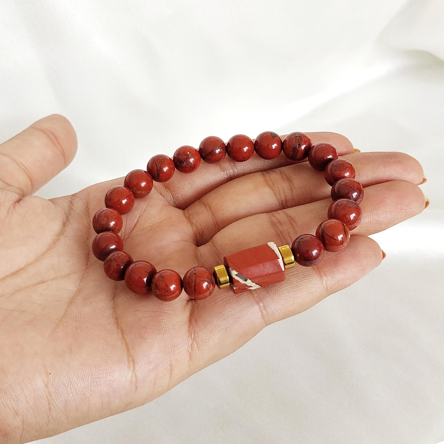 Red Jasper Tumble Natural Stone Bracelet With Golden Hematite