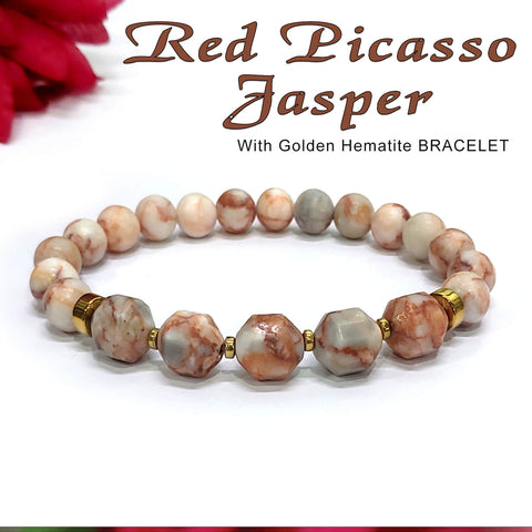 Diamond Cut Red Picasso Jasper With Golden Hematite Natural Stone Bracelet