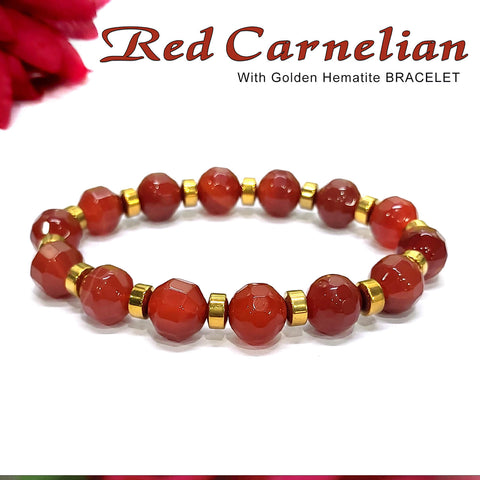 Diamond Cut Red Carnelian With Golden Hematite Natural Stone Bracelet