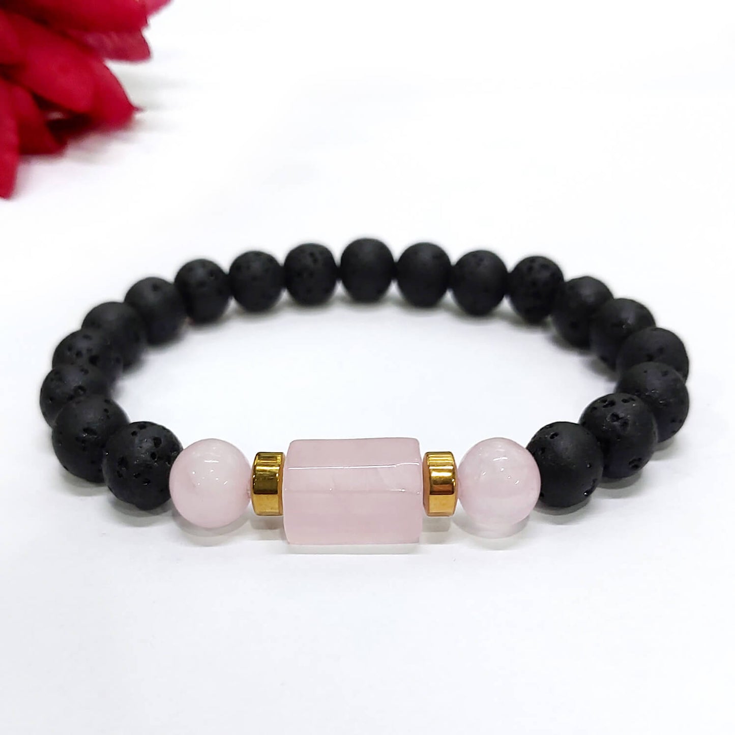 Rose Quartz Matte Tumble Bracelet With Lava Stone And Golden Hematite